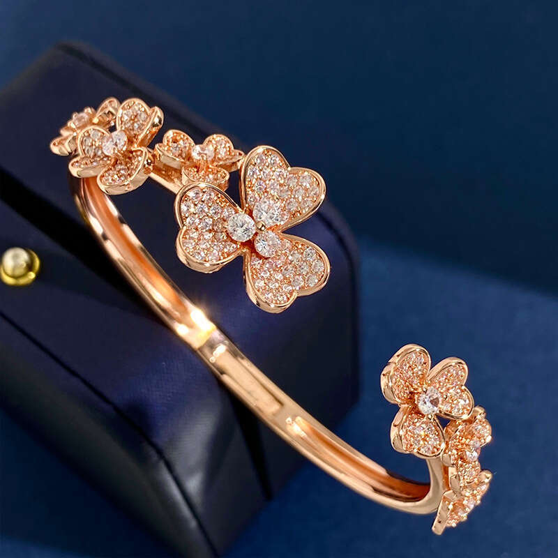 2025 European-American Style Clover Bracelet, Full-Diamond 7-Flower Design, Adjustable Open Bangle, Ins Trendy Jewelry, FK806350348 (Platinum/Gold/Ros