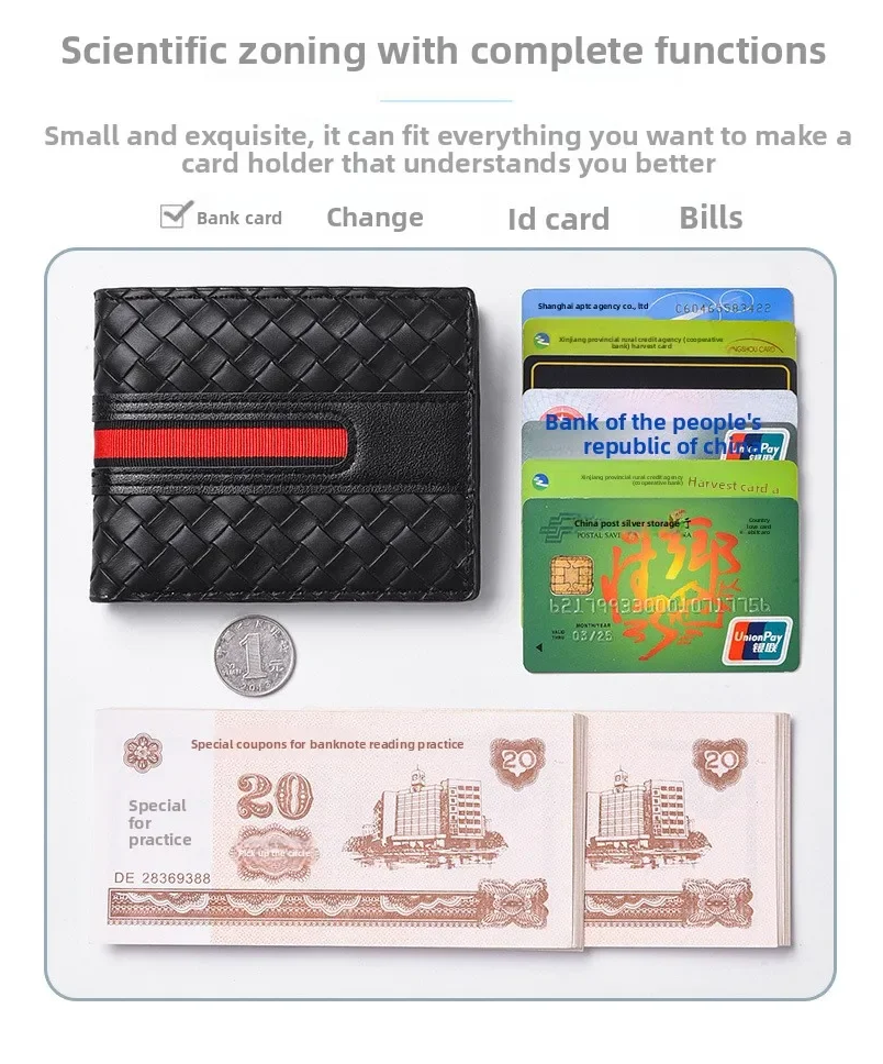Luxury Designer New Men's Ultra-thin Hand Woven Multi Slot Three Fold Leather Wallet Card Bag Fashionable and Simple Coin Purse