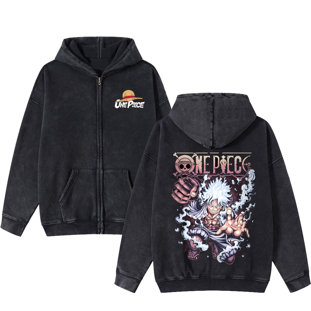 Luffy Fifth Gear American Vintage Washed Zipper Hoodie Unisex Dark Print Hoodie - VT2945
