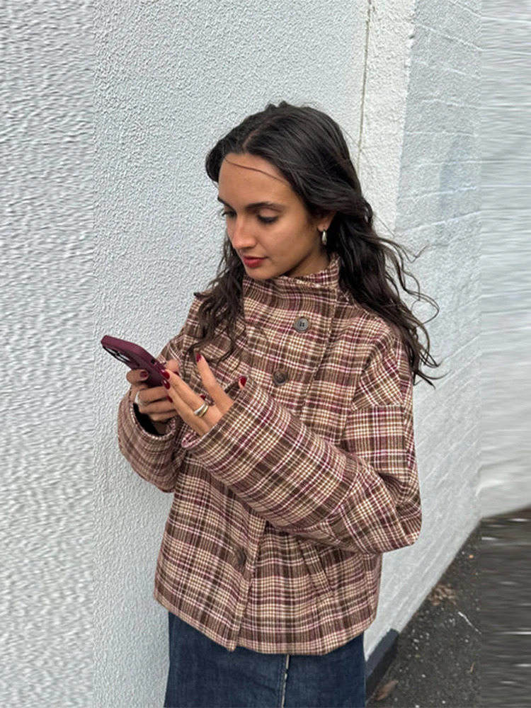 Plaid Wool Blend Stand Collar Jacket Single Breasted Long Sleeve 2025 Autumn Elegant Women Coat Vintage Preppy Lady Chic Outfit 250903
