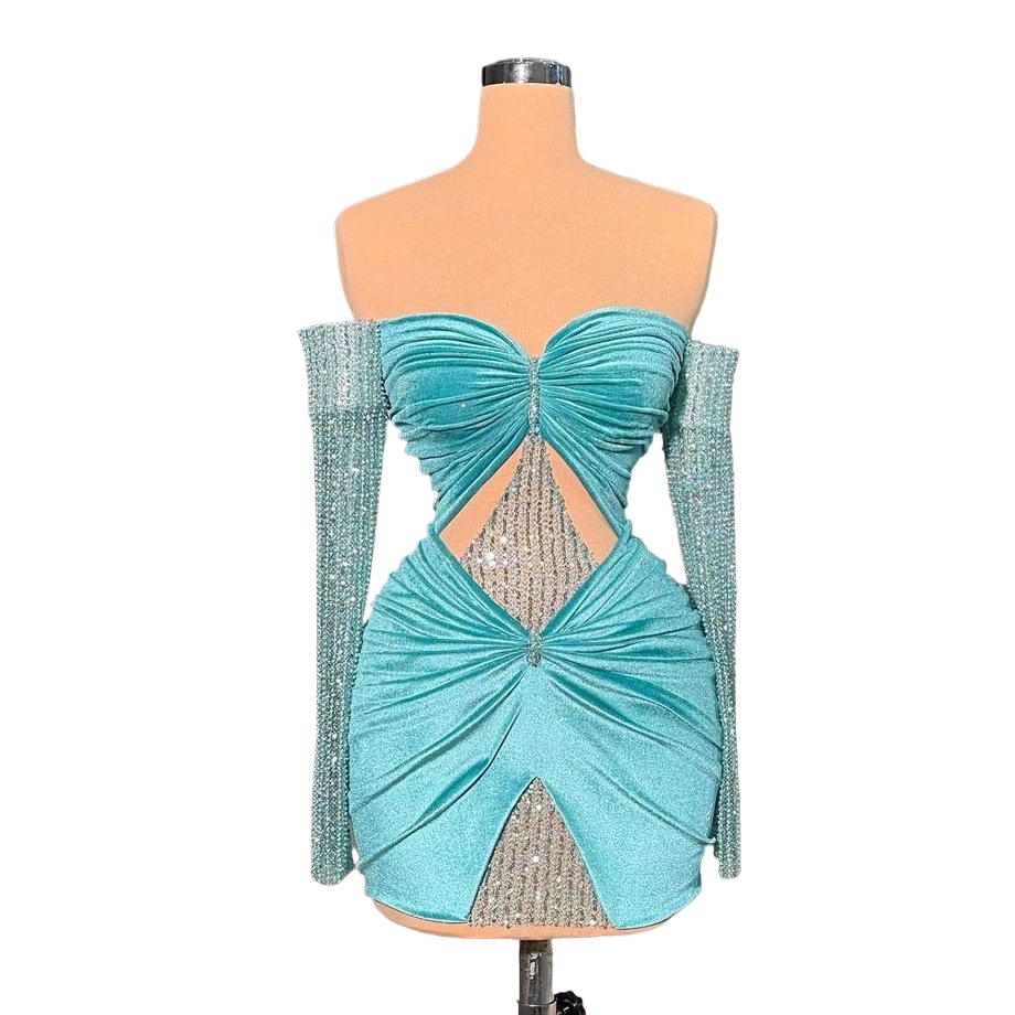 Chic Sky Blue Sheath Cocktail Dress Sweetheart Velvet Sequined Full Sleeves Short Mini Graduation Homecoming Dresses For Special Occasions Sweetheart 