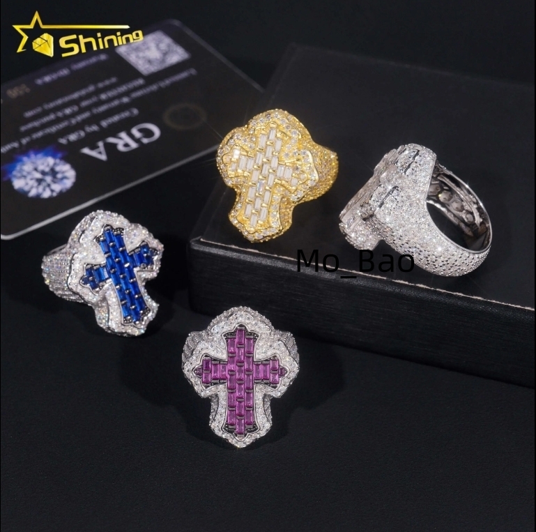 Hot Selling GRA Certificate High Quality 925 Silver Gold Plated Fine Jewelry Iced Out Hip Hop Ring Cross Moissanite Men Rings