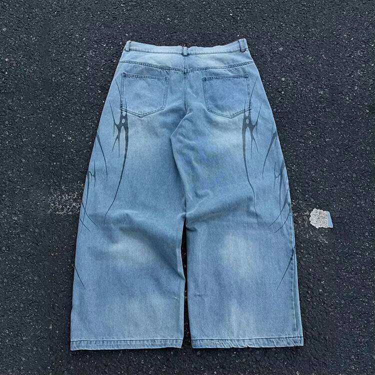 Wide-Leg Printed Denim Sweatpants Oversized Street Style Loose Track Pants Men's Jeans