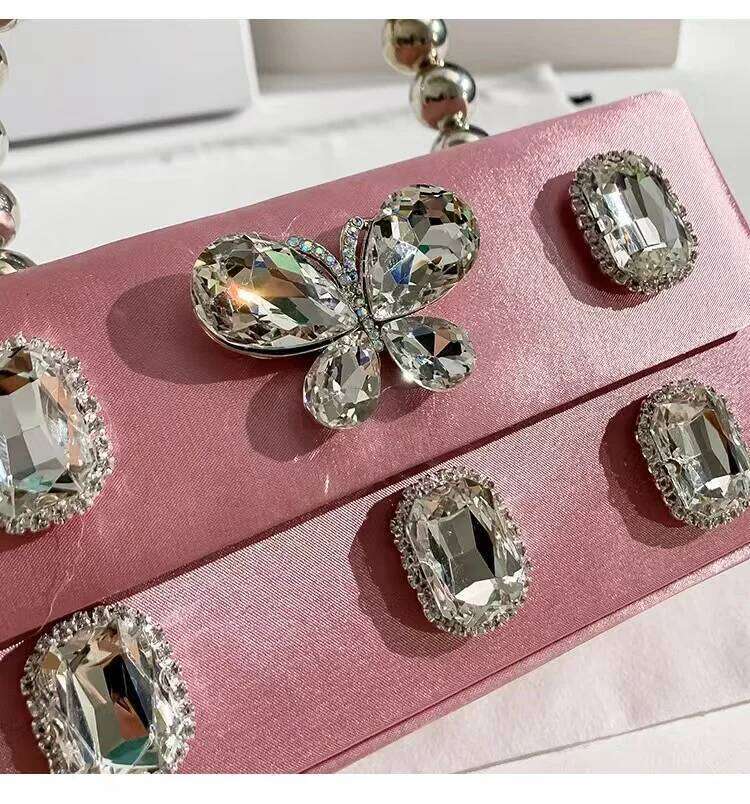 High Quality Satin Square Box Women Handbag Crystal Shiny Rhinestone Dia Evening Dinner Party Clutch Purse Messenger Bag