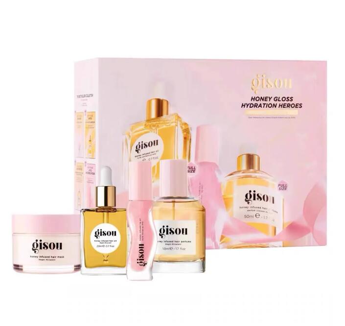 Gisou Set 4 in 1 honey infused hair oil 20ml Hair Perfume 50ml Lip Oil 8ml Hair Mask 75ml shine Enhancing Smoothing hair essential oil women styling spray