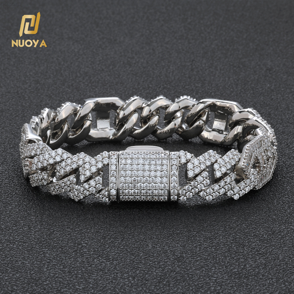 NUOYA Hip Hop Jewelry Silver Plated Cuban Bracelet Full Diamond Micro Pave Bling Moissanite Prong Cuban Link Chain Bracelet