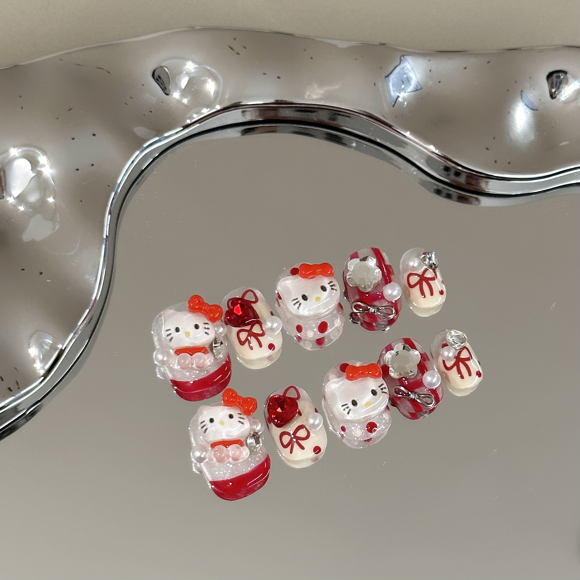 Handmade Press on Nails High end Red French Style with Cartoon Cats, Short Length, Skin-whitening, Cute Adorned with Heart shaped Rhinestones