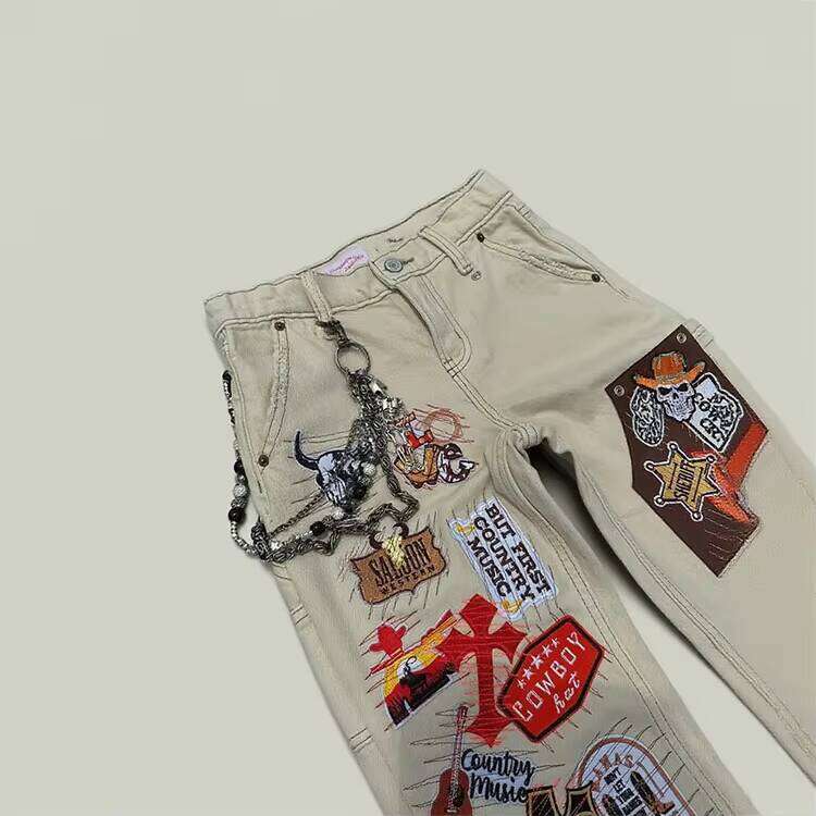 Street Style Pattern Embroidered Loose Fit Denim High-Quality Patchwork Wide-Leg Sweatpants