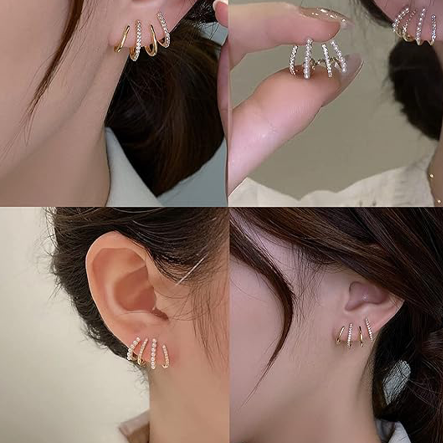4 Pairs Claw Ear Cuffs Zircon Pierced Needle Stud Earrings Minimalist Ear Wrap Butterfly Pearl Piercing Claw Earrings for Women Gold Tone
