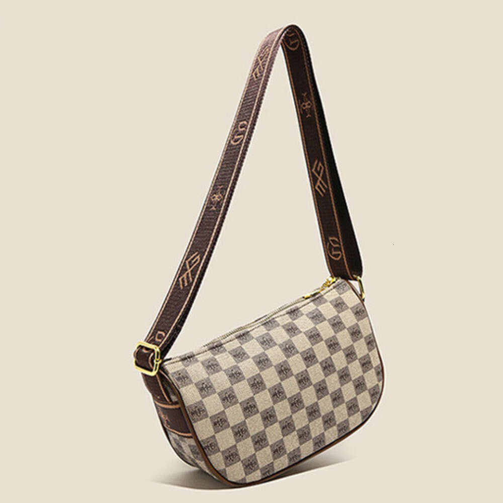 2025 Summer New Casual Plaid Dumpling Women's Retro European Style Wide Strap Large Capacity Shoulder Crossbody Bag Khaki Brown Z260224