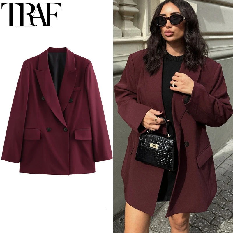 TRAF Womens Blazer Outerwears Office Wear Women Suit Jacket Autumn Long Sleeve Burgundy Blazers Formal Woman Minimalist Blazer 250903