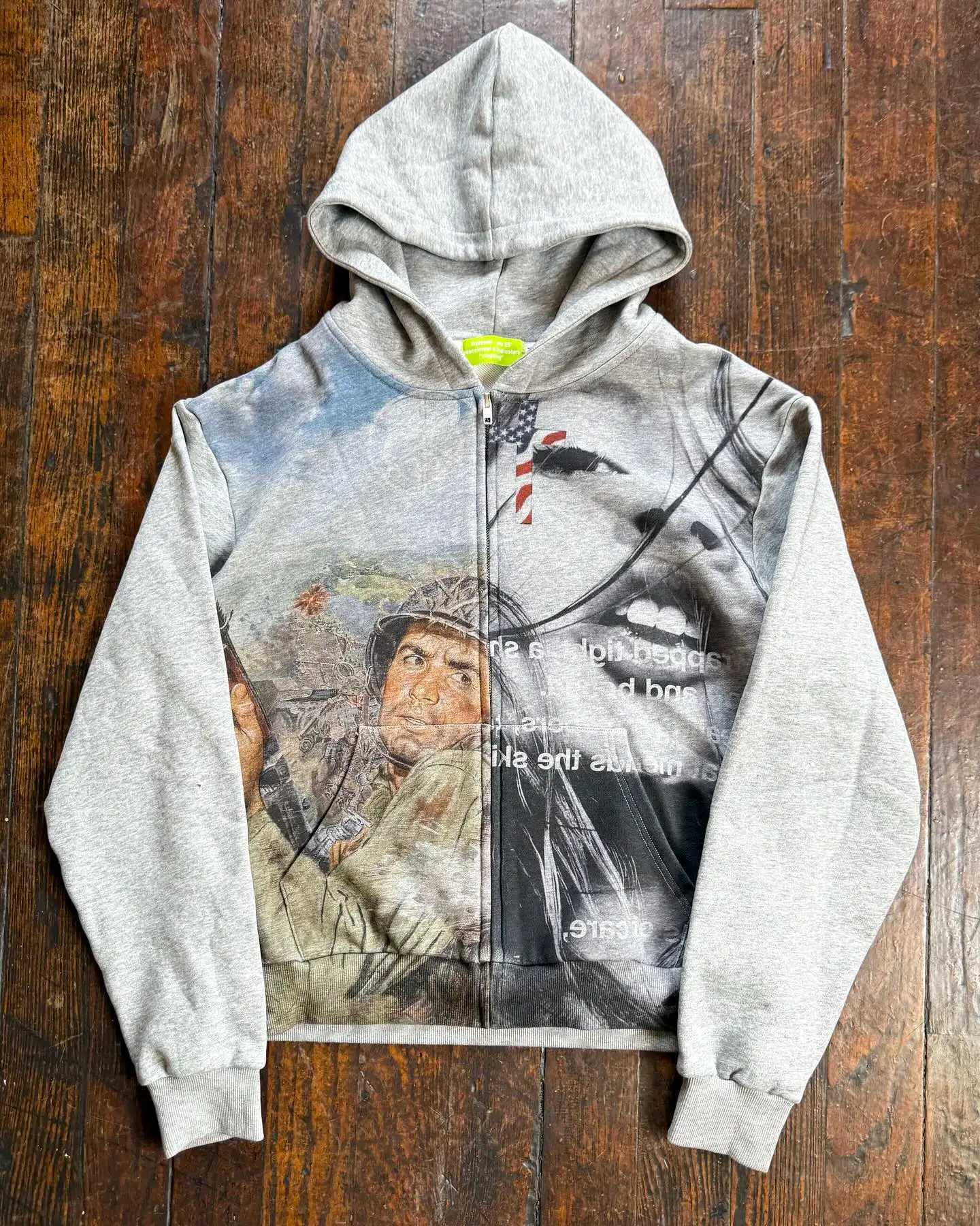 Y2K Retro Poster Pattern Zipper Hoodie Men Women Harajuku Fashion Grey Oversized Loose Hoodies Sweatshirt Zipper Streetwear W250903