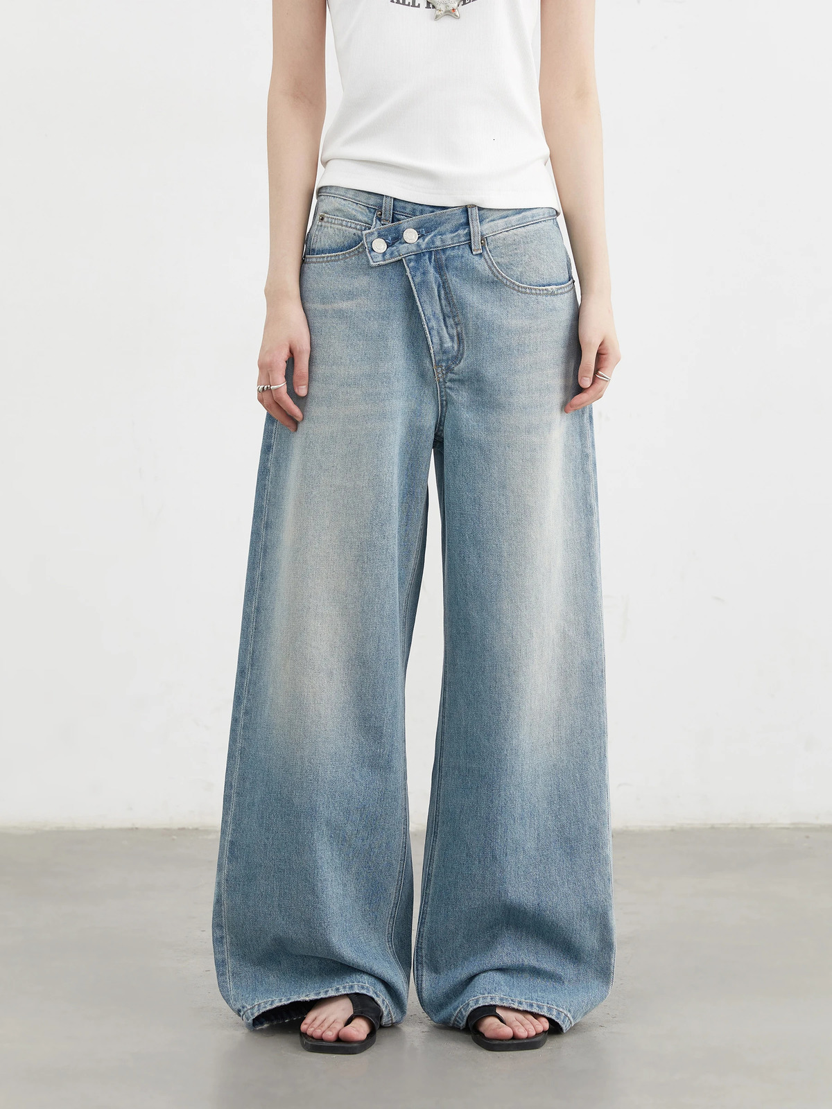 CHIC VEN Women Jeans Irregular Waist n Retro Blue High Waisted Wide Leg Trousers Female Denim Pant Spring Autumn 2025 250823