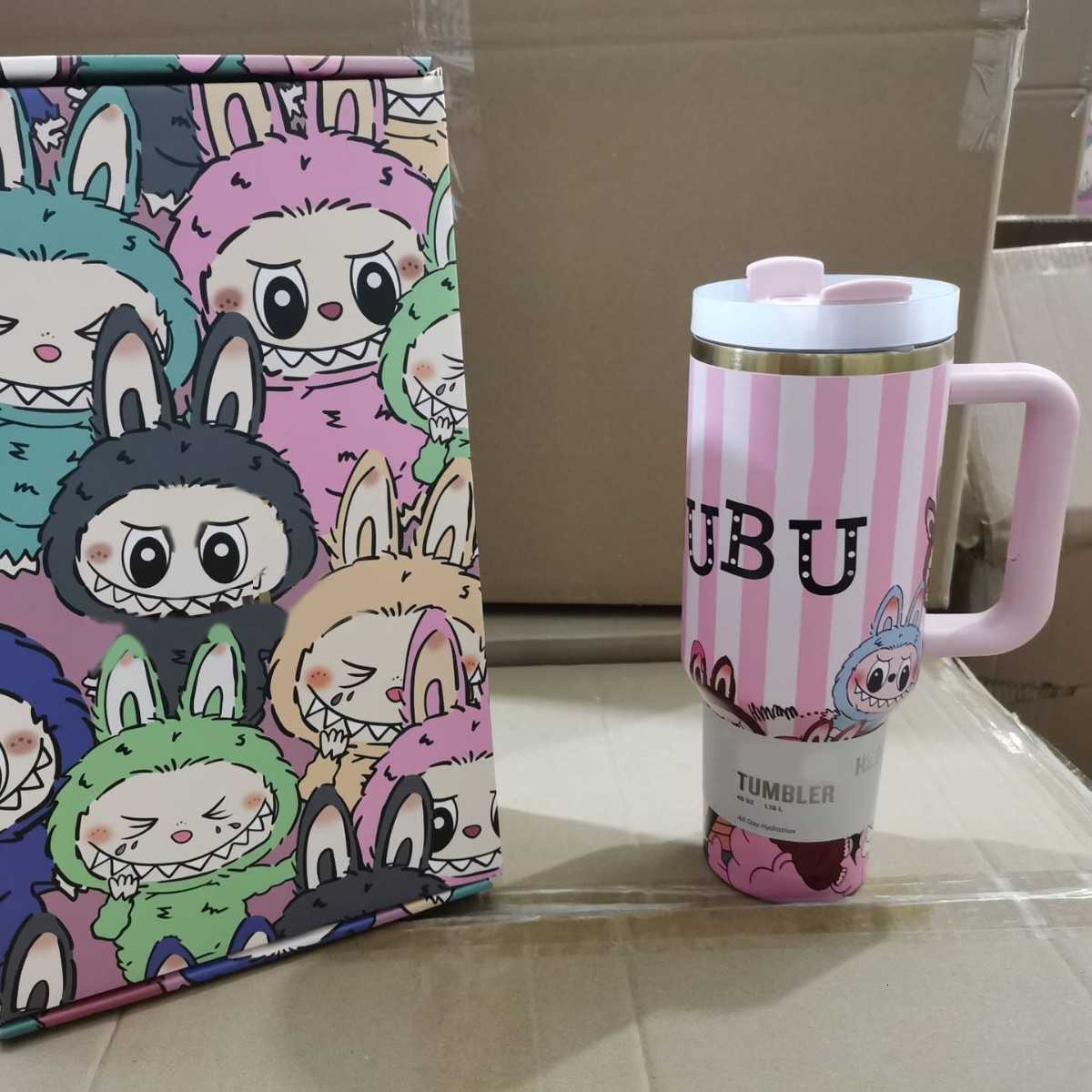 New labubu 40OZ stainless steel drum type tibial drive insulated cup with straw and lid large capacity car cup X250612