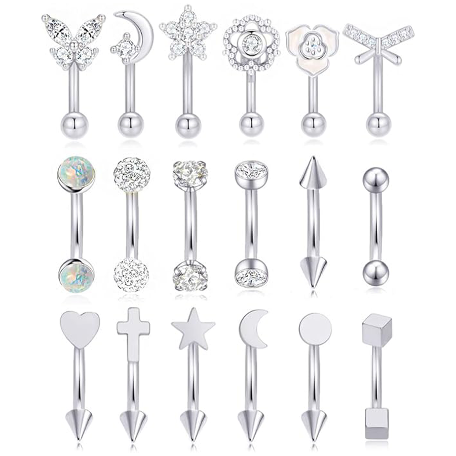 18Pcs Eyebrow Piercing Jewelry 16G Surgical Steel Curved Barbell Eyebrow Rings Butterfly Moon Lip Belly Button Rook Daith Tragus Earrings for Women Me