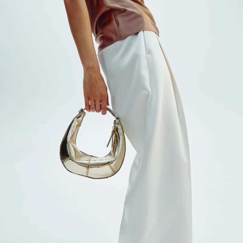 Gold Shiny Leather Crescent Moon Handbag Womens Purse Elegant Chain Shoulder Bag Highend Banquet Clutch Evening Bag Z250903