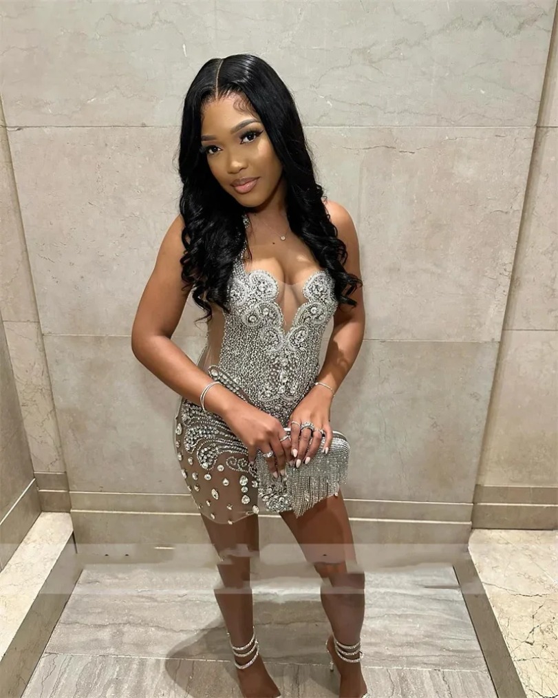 Sexy Sparkly Black Diamonds Beads Short Cocktail Dresses Glitter Crystal Rhinestone Homecoming Party Prom Club Gowns B0313