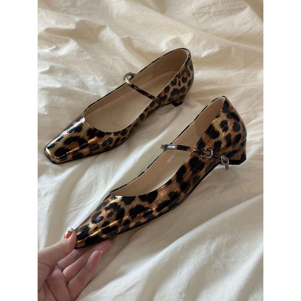 New Autumn Square Toe Designer Shoe Leopard Print One-Strap Mary Jane for Women with Chunky Heels Designer Shoe Genuine Korean Style Small Leather Sho