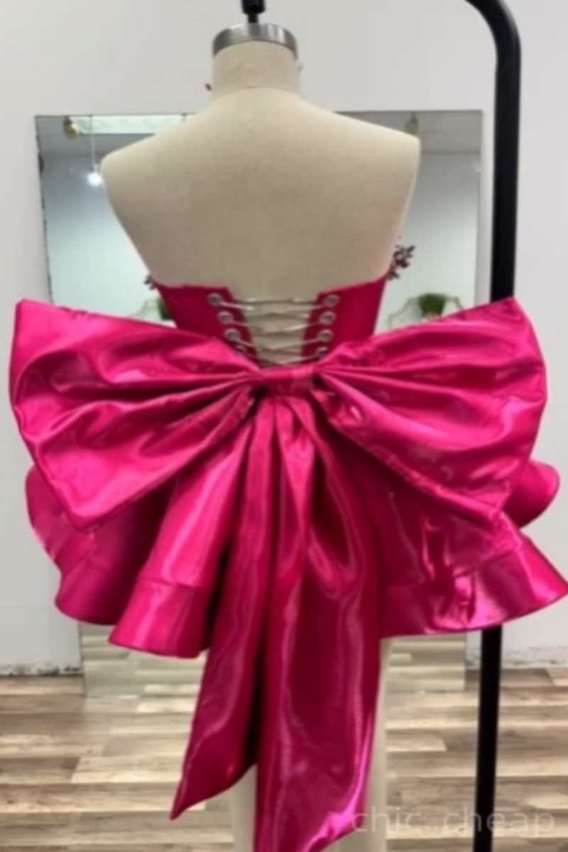 Chic Ball Gown Fuchsia Cocktail Dress Sweetheart Crystals Bow Satin Short Mini Graduation Homecoming Dresses For Special Occasions Sweetheart Gowns
