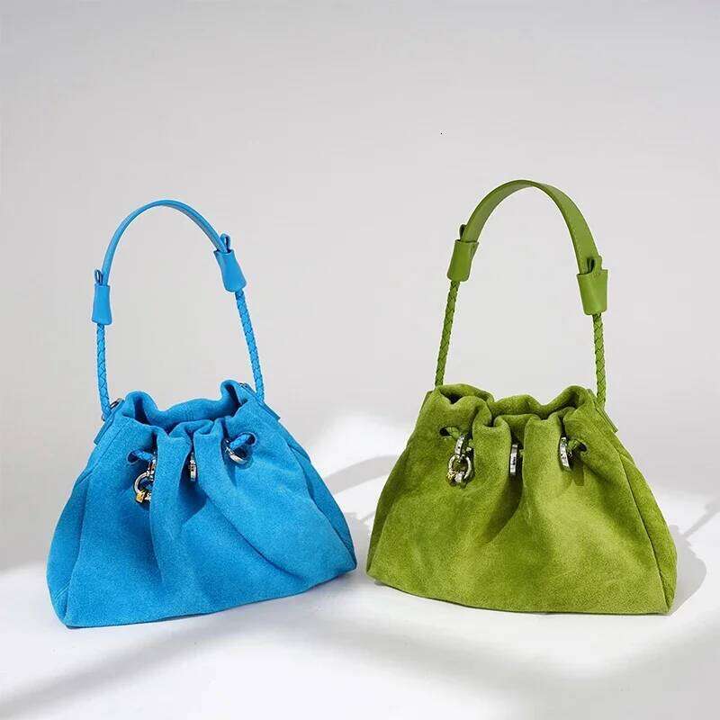 Designer Cowhide Suede Crossbody Shoulder Bag,Genuine Leather Drawstring Lucky Handbag,Women Casual Cloud Pleated Sling Bag