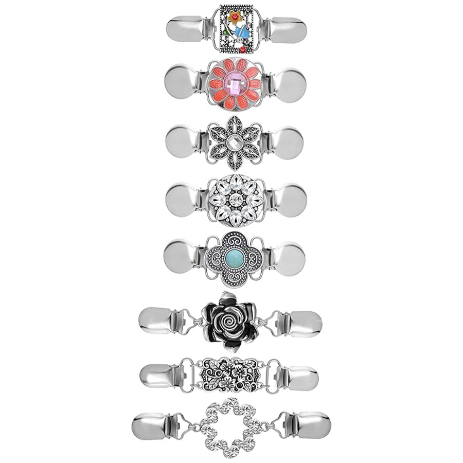 8Pcs Vintage Sweater Shawl Clips Retro Cardigan Collar Shirt Dresses Waist Clip Antique Flowers Pattern Brooch Clip for Women