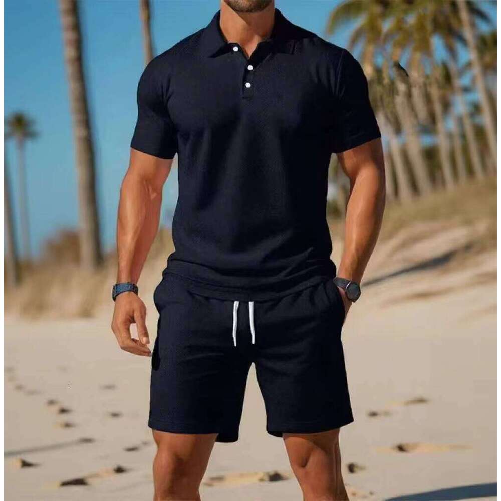 Men's Casual Two-piece Polo Shirt Set Breathable Short Sleeve Turn-down Collar Drawstring Shorts