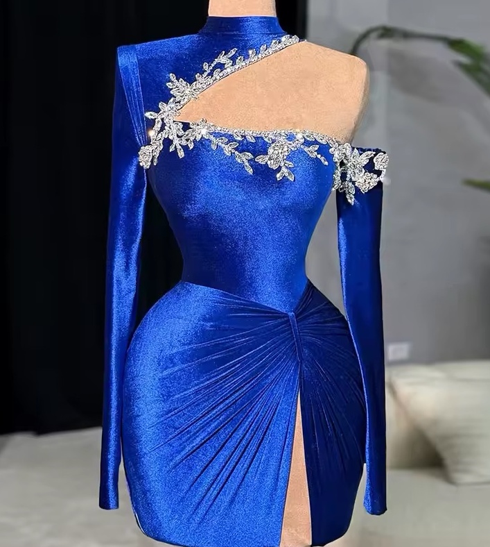 Chic Royal Blue Sheath Cocktail Dress Velvet Full Sleeves Crystals Short Mini Graduation Homecoming Dresses For Special Occasions Sweetheart Gowns