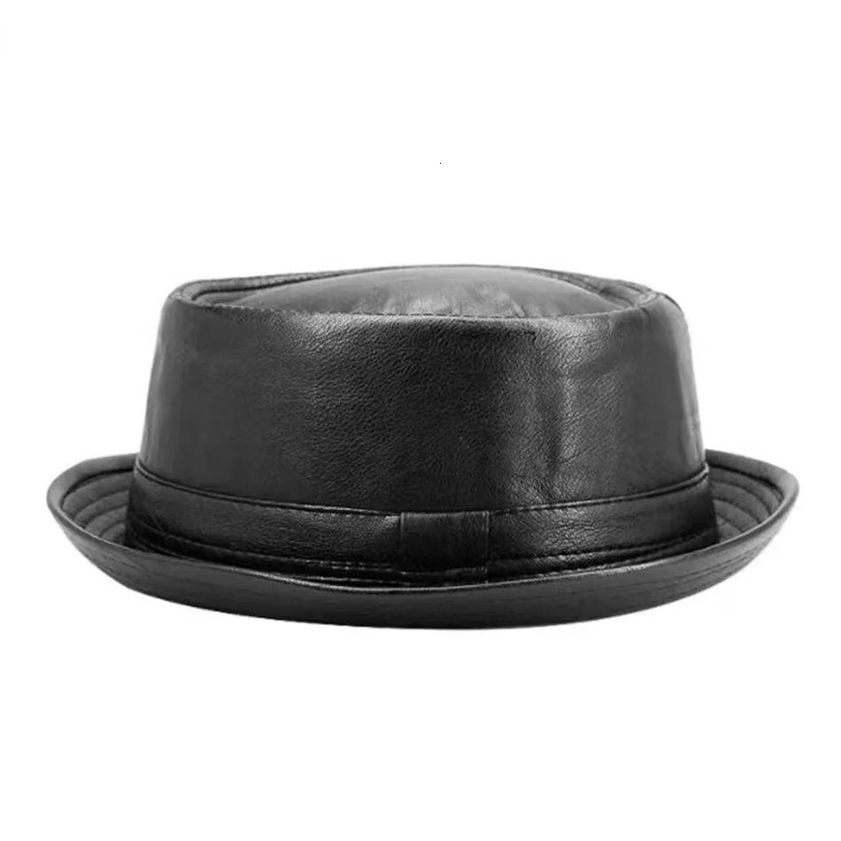 Fashion Men Black Leather Trilby Hat Male Fedora Cap Retro Women Autumn Porkpie Caps Mens Vintage Jazz Hats 250902
