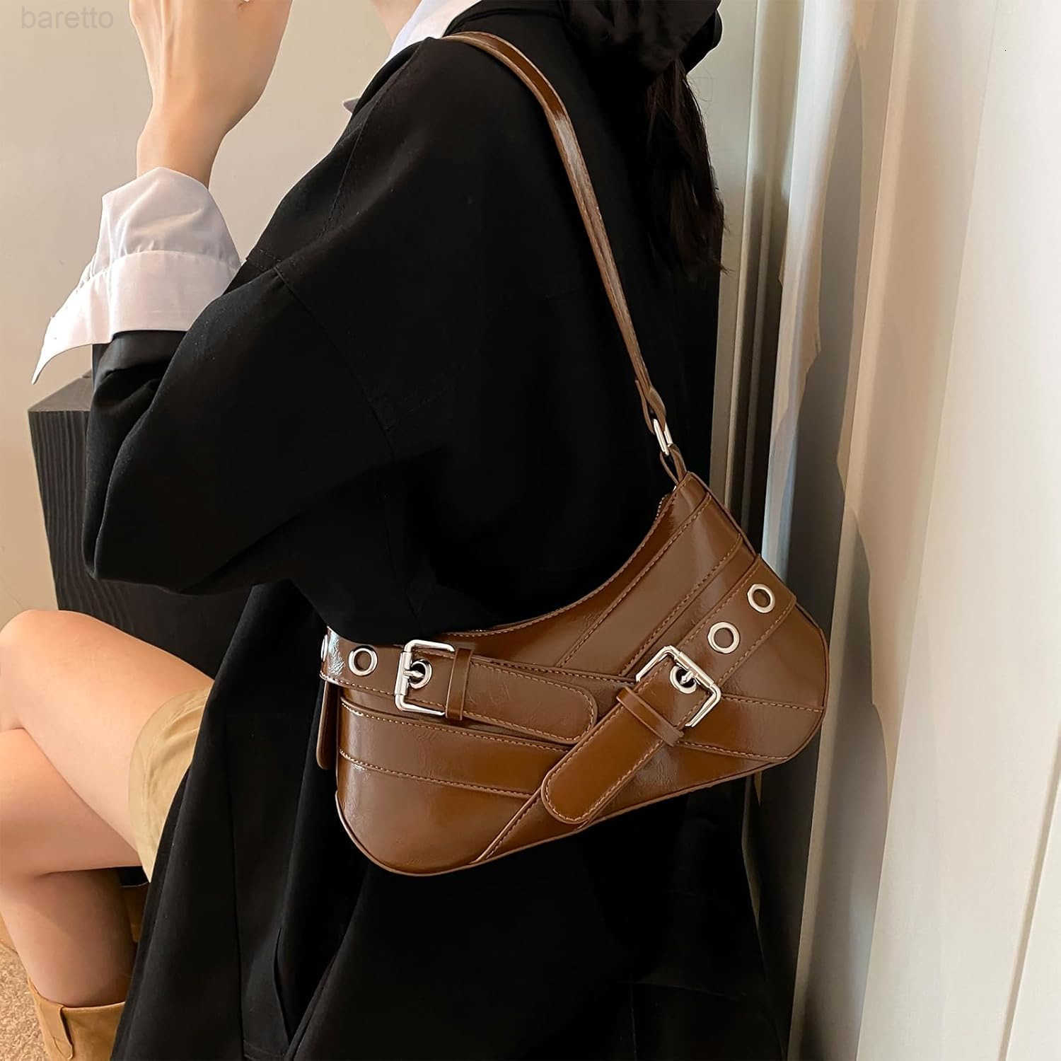 Shoulder Bag for Women Y2k Small Purse Designer Punk Style Hobo Handbags Vegan Leather Trendy Crescent Bags M250903