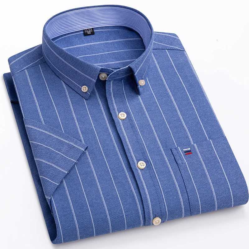 100Pure Cotton Oxford Mens Shirts Short Sleeve Plaid Soft Regular Fit Formal Dress Shirt Social Blouse Male Clothes 6XL 7XL X250903