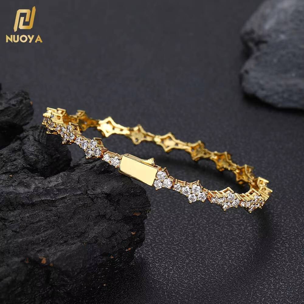 NUOYA Hiphop Jewelry 65mm Lced Out Flower Tennis Chain 18K Gold Plated Micro Pave CZ Diamond Tennis Chain Bracelet