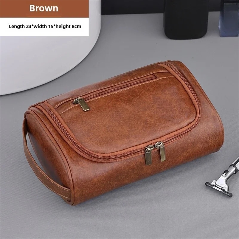 Men Leather Wash Bag Travel Cosmetic Bag Large Capacity Multi Pocket Handheld Leather Wash Bag 250903