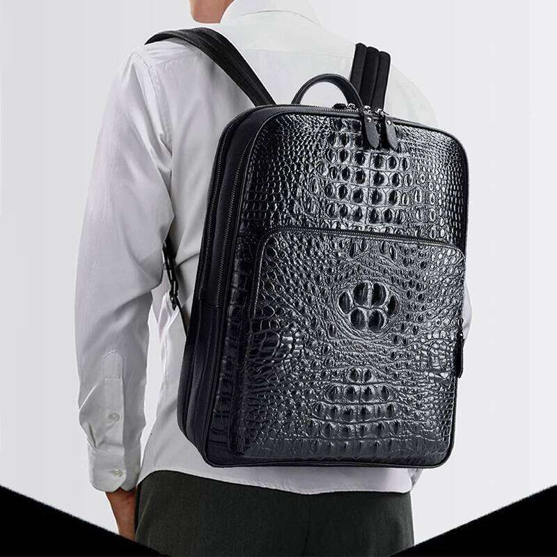 Genuine Leather Business Crocodile pattern Men Bags Large Laptop Bagpack Travel Backpack College Schoolbag