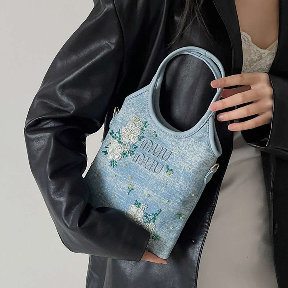 2025 Spring Viral Style Embroidered Denim Tote Women's Small Square Handheld Shoulder Crossbody Bag