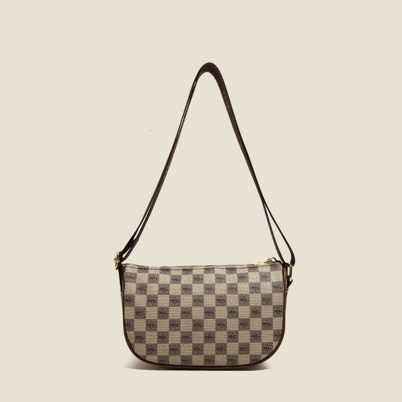 2025 Summer New Casual Plaid Dumpling Women's Retro European Style Wide Strap Large Capacity Shoulder Crossbody Bag Khaki Brown Z260224