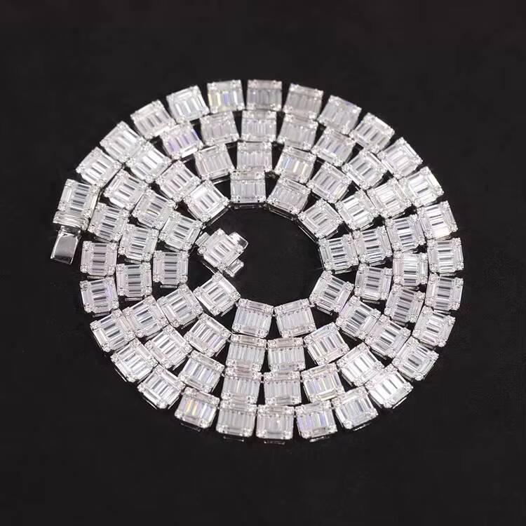 Unisex Baguette 925 Sterling Silver HipHop 8MM 10MM DVVS Moissanite Chain Gold Plated Polished Silver Cuban Link Chain Necklace