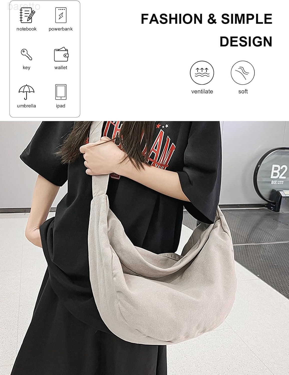 Canvas Tote Bag Hobo Crossbody Bag Fashion Crescent Bag with Zipper Pockets for Shopping Travel for Women and Men Black M250903