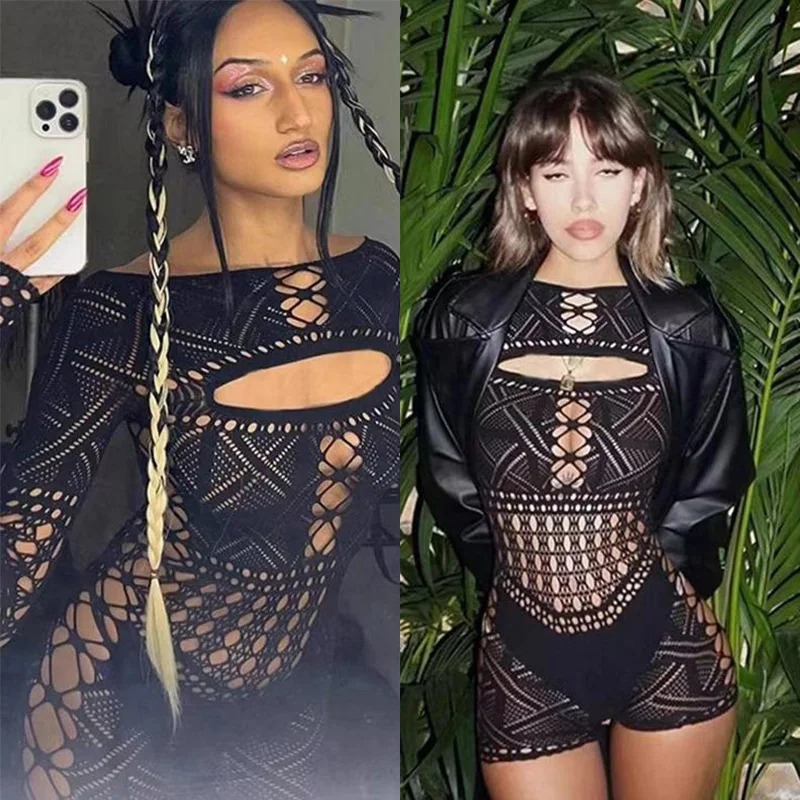 Sex Dress Jumpsuit with hollowed out tight lace and sexy hip hugging skirt casual womens long dresses daring lingerie woman xxx 250903