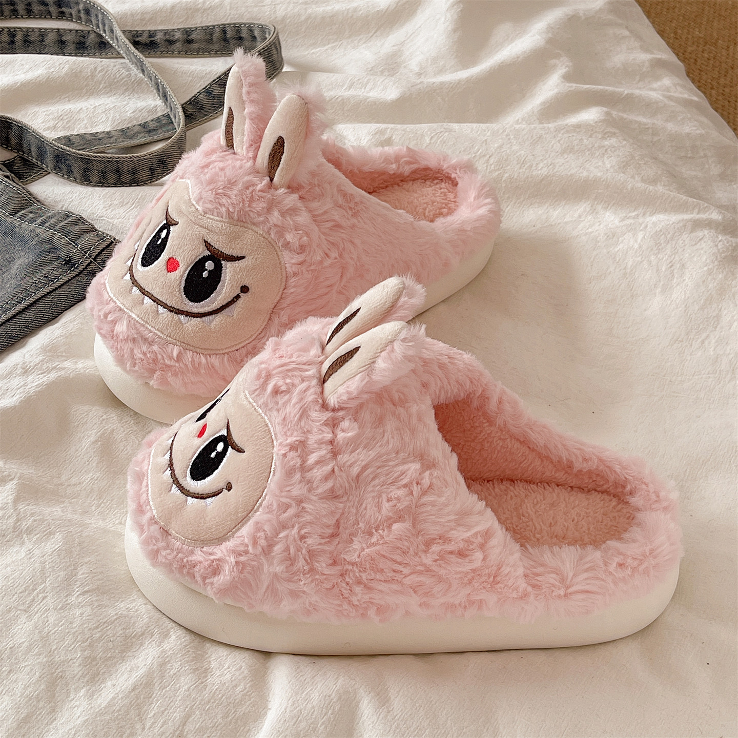 Free Shipping Cute funny rabbit fur slippers for women's indoor home with plush insulation thick bottom anti slip cotton slippers with toe caps