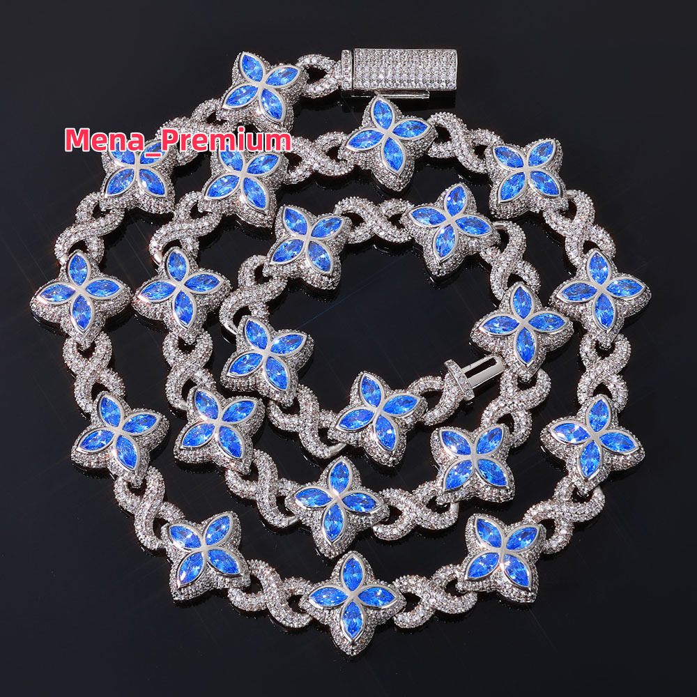 Hip Hop Jewelry 8mm Colorful Ice Diamond Flower Chain Unlimited Symbol Chain Four Leaf Clover Mens and Womens Necklace