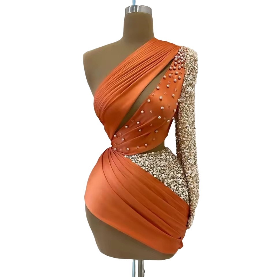 Chic Orange Sheath Cocktail Dress One Shoulder Beaded Satin Sequined Short Mini Graduation Homecoming Dresses For Special Occasions Sweetheart Gowns