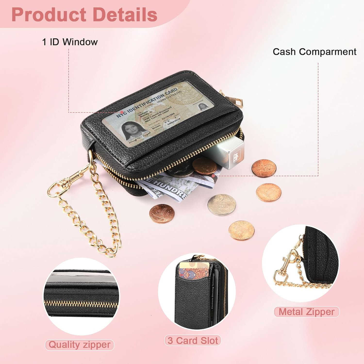 Zip Card Case Keychain Wallet Card Holder Purse Black C260116