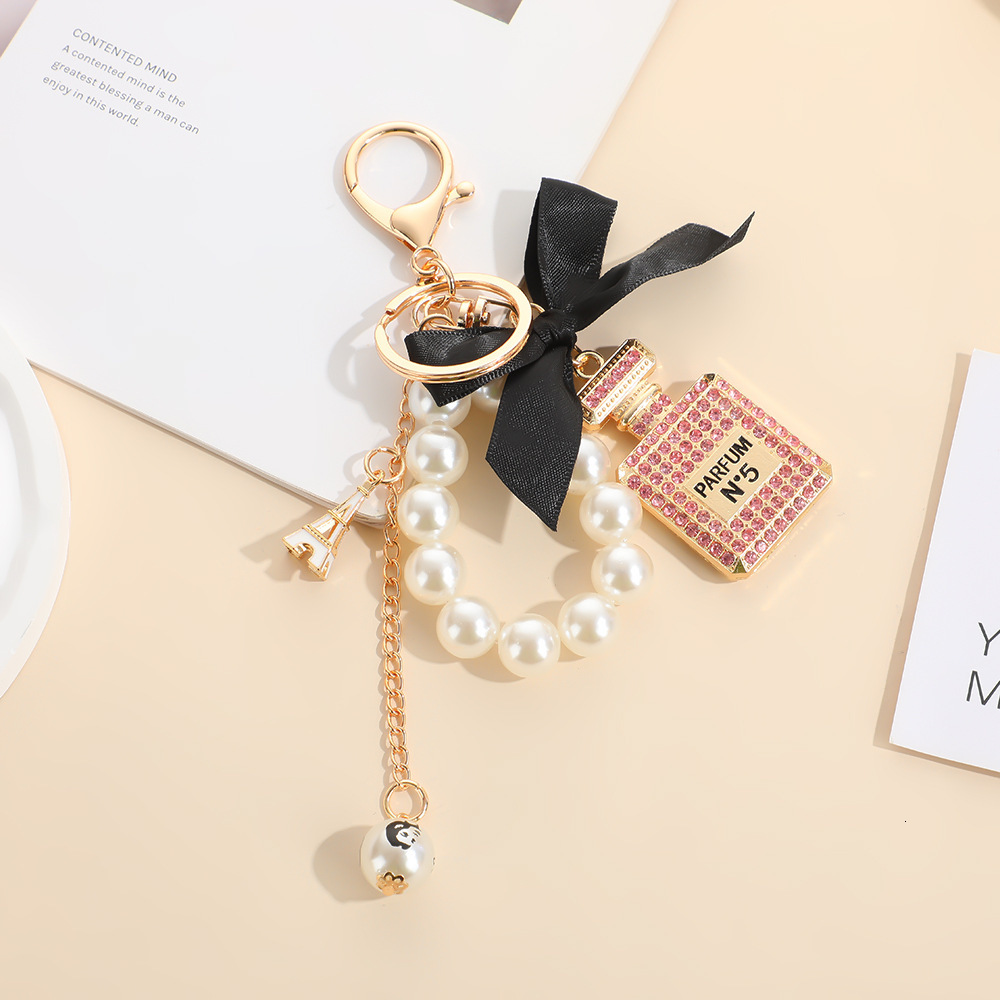 keychain designer keychain style bowknot pearl perfume bottle rhinestone bag keychain metal key pendant mini bag keychain