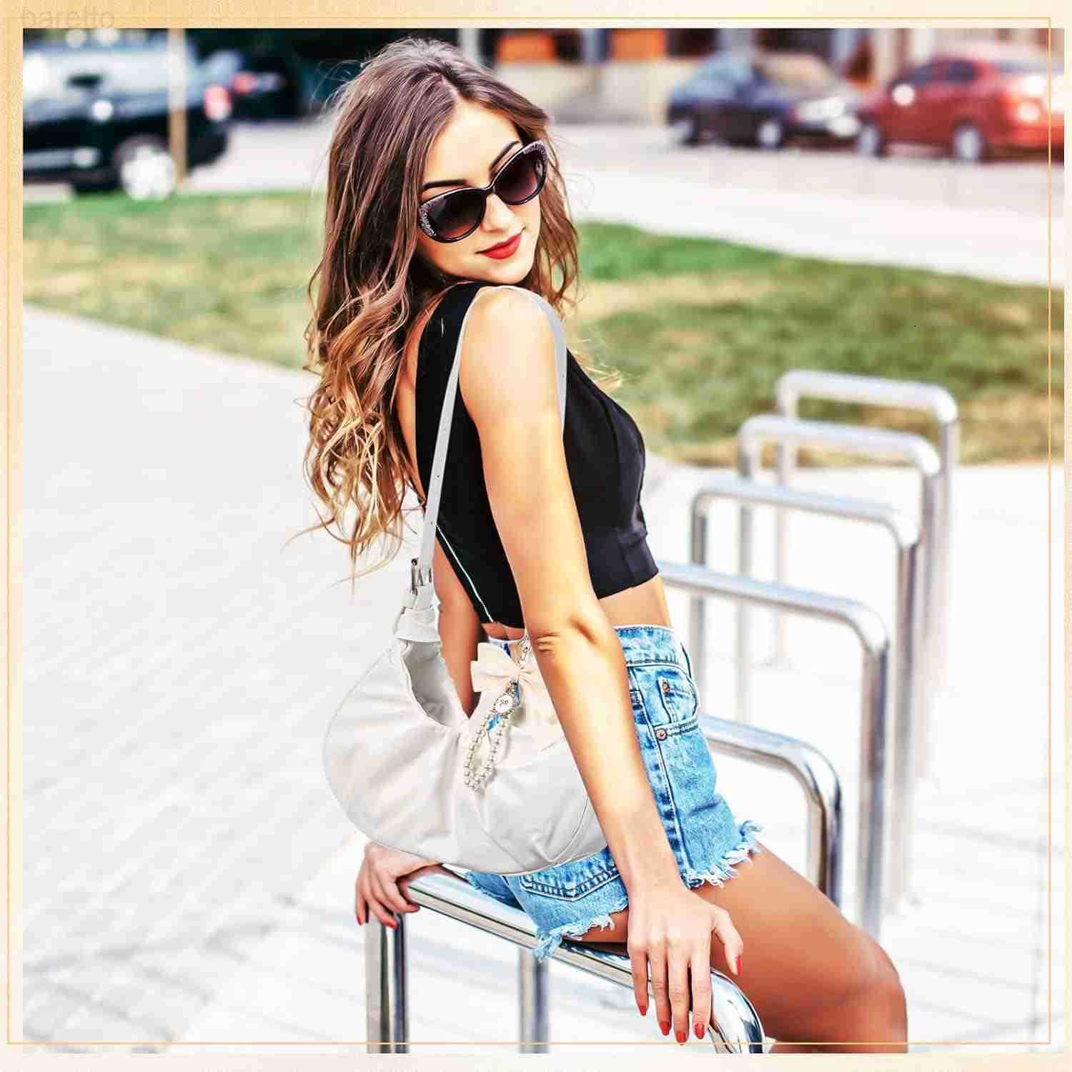 Coquette Ruched Shoulder Bag for Women Cute Leather Clutch Cloud Purse with Bow Charm Crescent Handbag Tote Bag Girl M250903