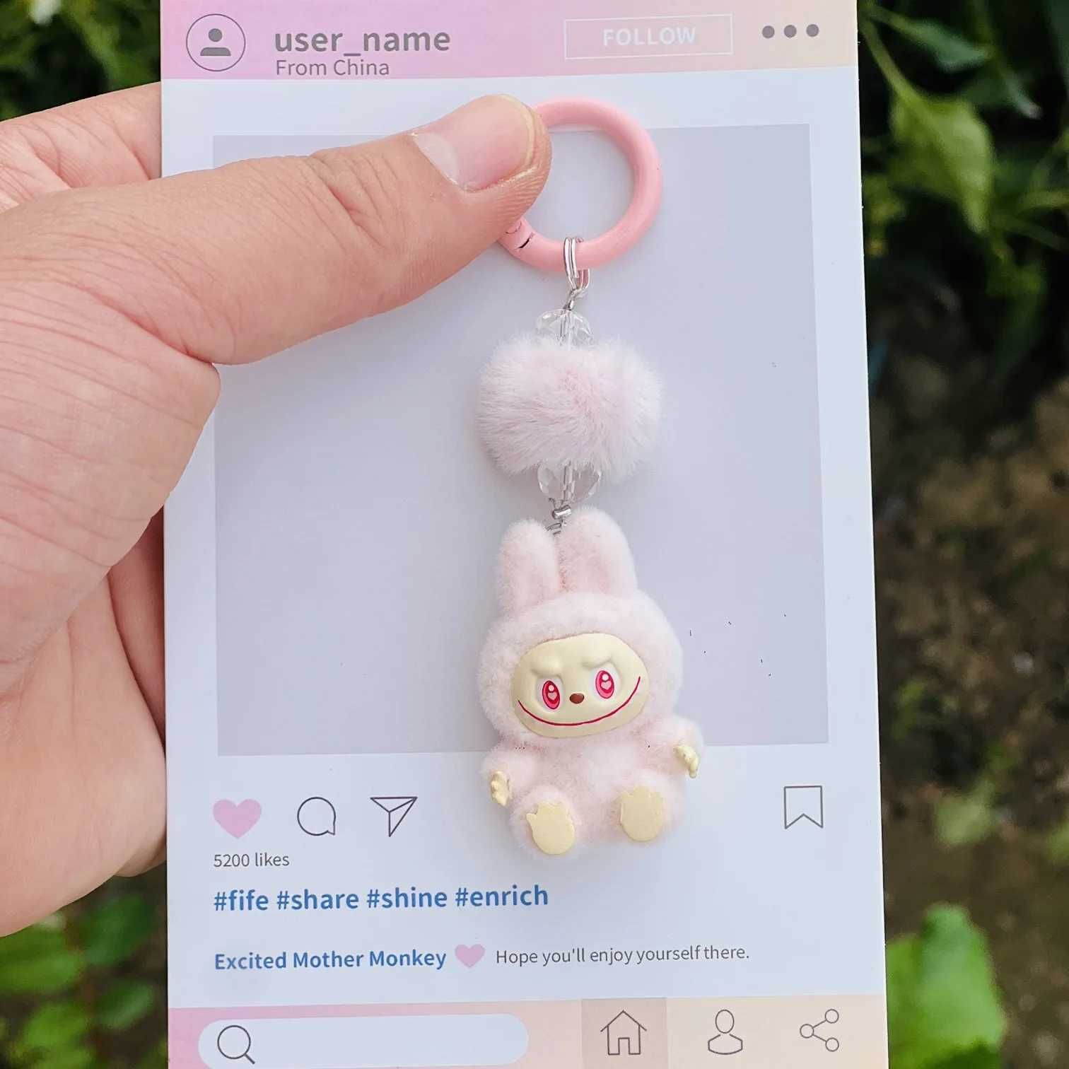Labubu Mini Flocking Labubu Kaii Particle Keychain Bag Phone Charm Keychain Gift