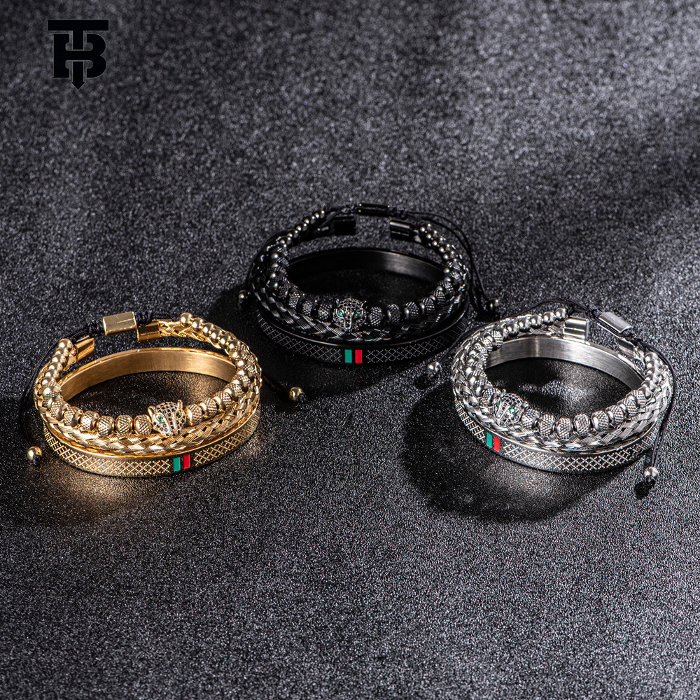 TB BHULAMTE Designer Lady Diamond-encrusted Leopard Head Bracelet Outdoor Luxury Stainless Steel Green Red Green Striped Bracelet Wholesale