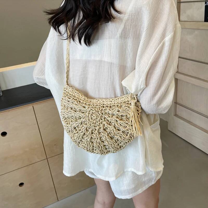 Luxury Handbag Half Round Straw For Women Summer Beach Rattan Shoulder Bag Zipper Woven Crossbody Handbags Bohemia Vacation Handbag