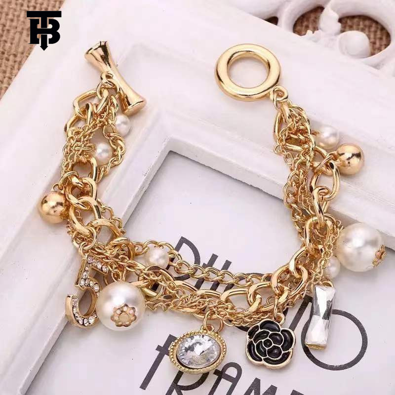 TB BHULAMTE Designer Lady Korean Multi-layer Bracelet Alloy Small Flower Inlaid Diamond Pendant, 5-character European And American Style Metal Chain B