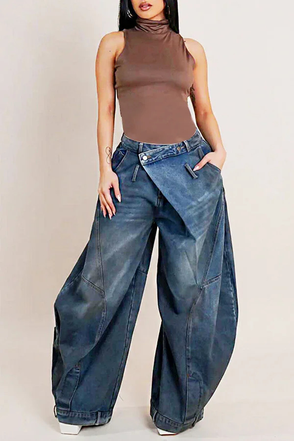 Plus Size Daily Blue Asymmetric Button Pocket Washed Denim Jeans 250823Z