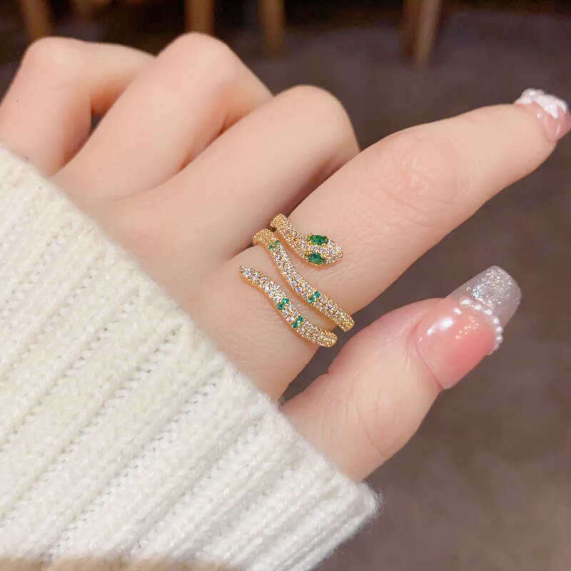 DHpet 2025 New Vintage Emerald Zircon Snake Open Ring - Thick 18K Gold Plated Copper, Minimalist Style, Sparkly Animal Design, Hanshi Dupin for Women 